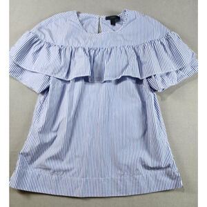 J Crew Womens Edie Blue White Stripe Ruffle Top size‎ 2 Nautical Coastal Resort